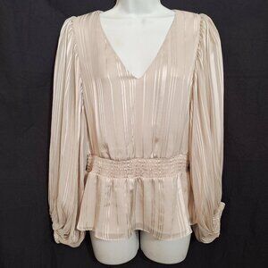 Express Beige Damask Striped V-Neck Peplum Blouse Puff Sleeve M